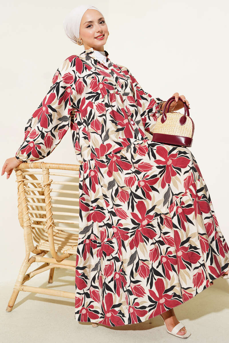 Hakim Yaka Floral Desenli Elbise Bordo 75842139