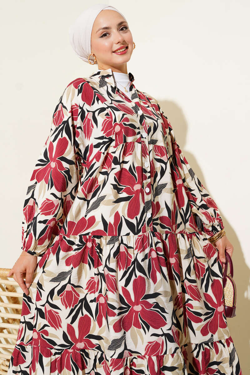 Hakim Yaka Floral Desenli Elbise Bordo 75842139