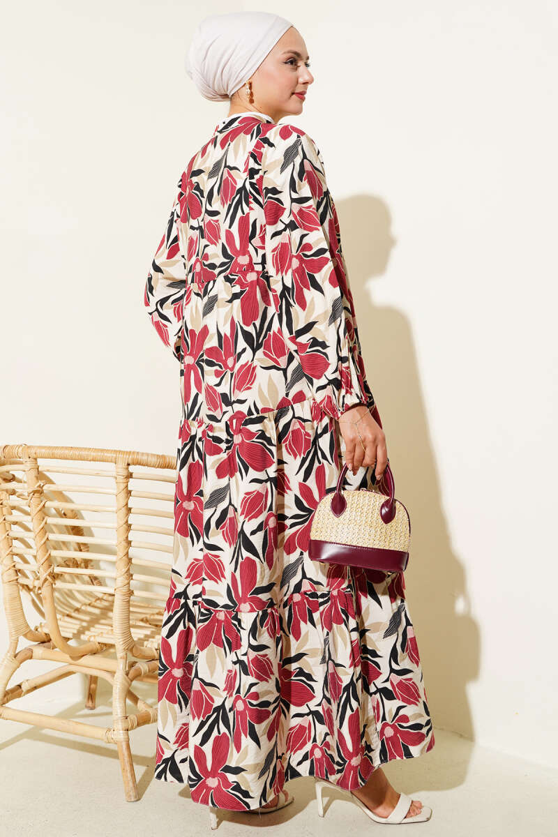 Hakim Yaka Floral Desenli Elbise Bordo 75842139