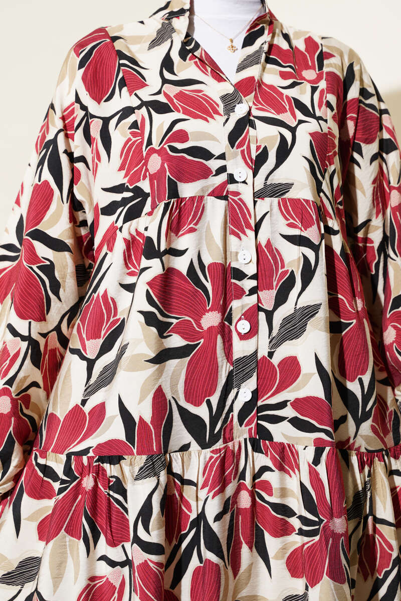 Hakim Yaka Floral Desenli Elbise Bordo 75842139