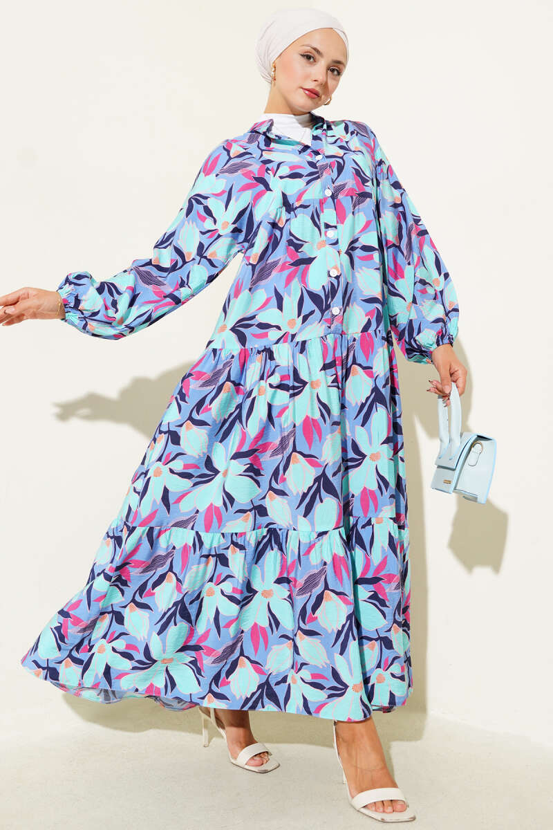 Hakim Yaka Floral Desenli Elbise Mavi 75842139