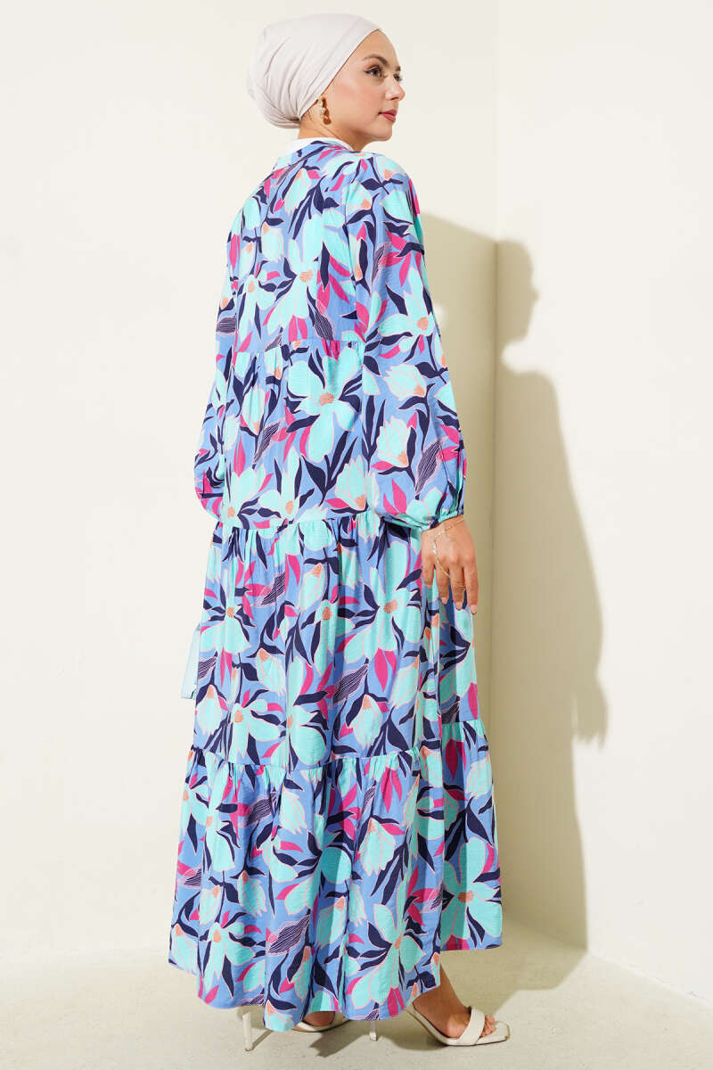 Hakim Yaka Floral Desenli Elbise Mavi 75842139