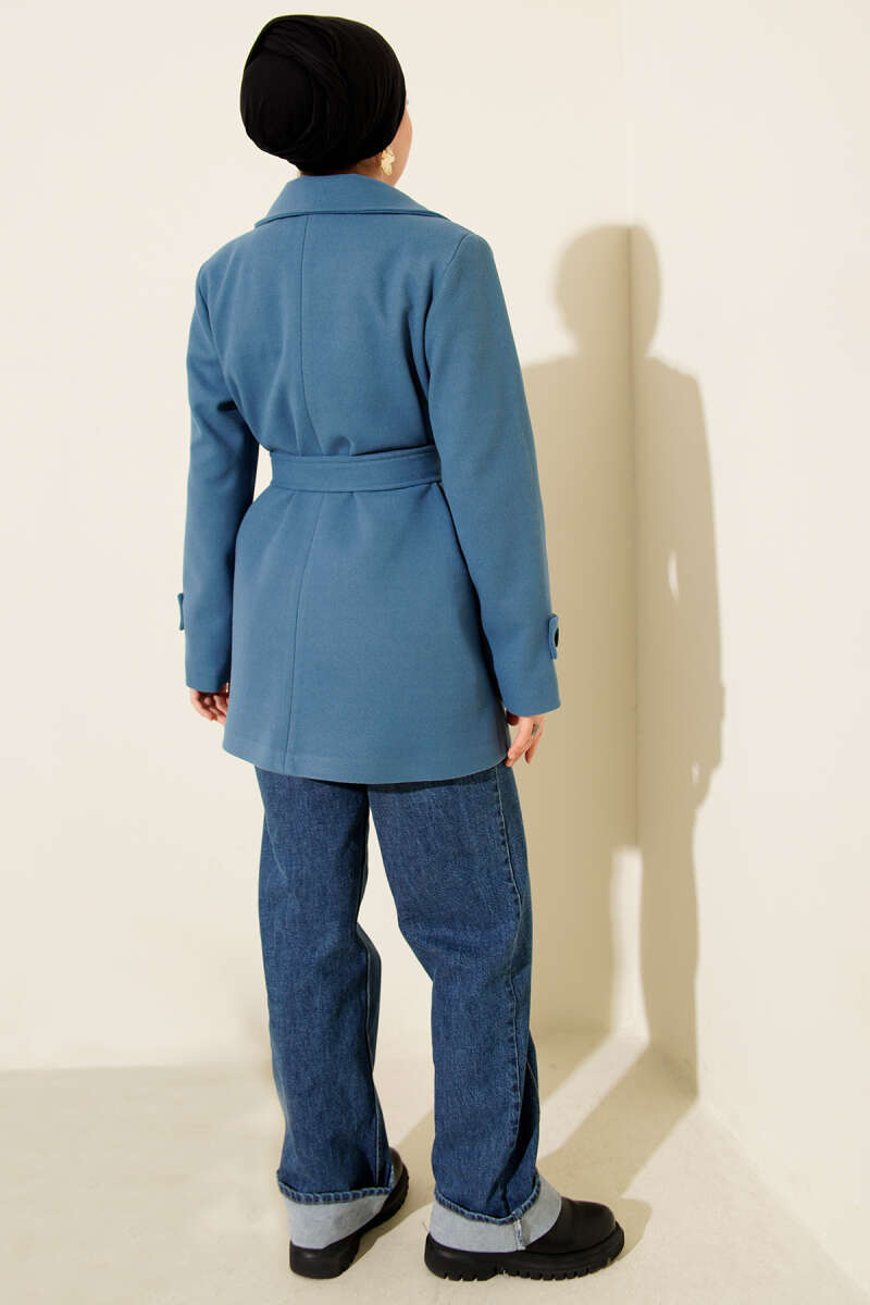 Kuşaklı Kruvaze Yaka Kısa Kaşe Kaban Mavi 15526337