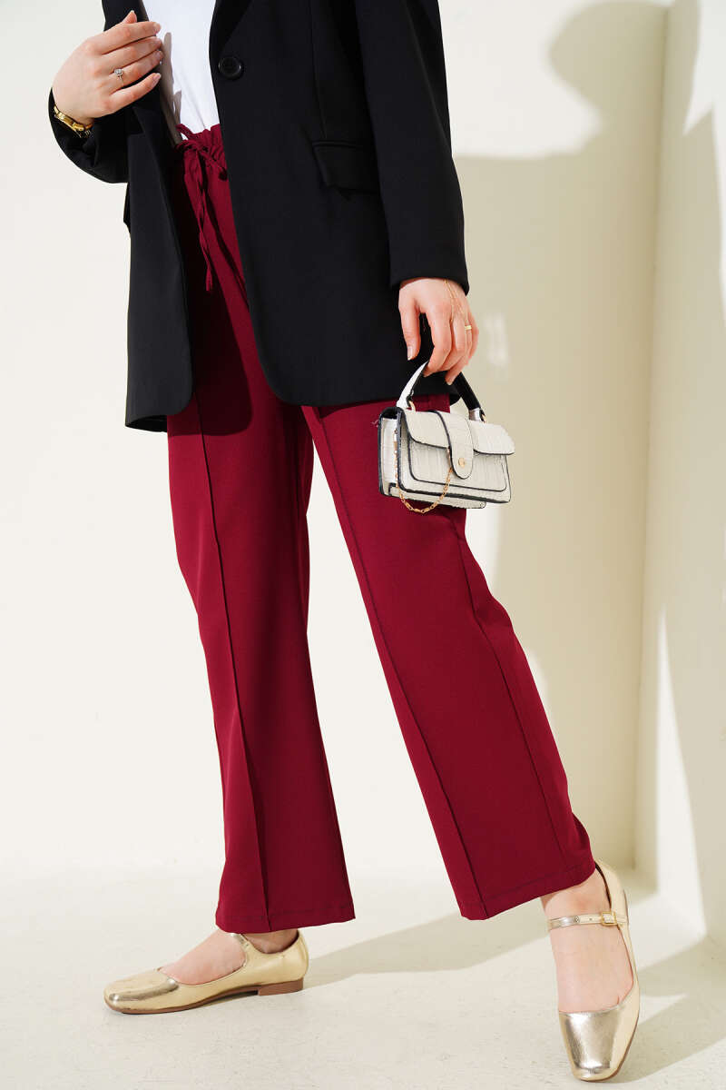 Bel Lastikli Çımalı Bol Paça Pantolon Bordo 04857456