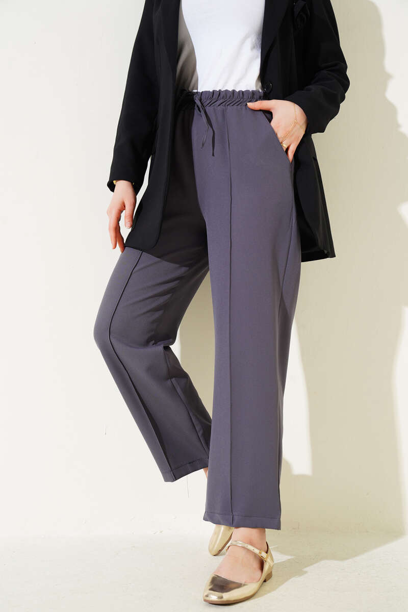 Bel Lastikli Çımalı Bol Paça Pantolon Füme 04857456