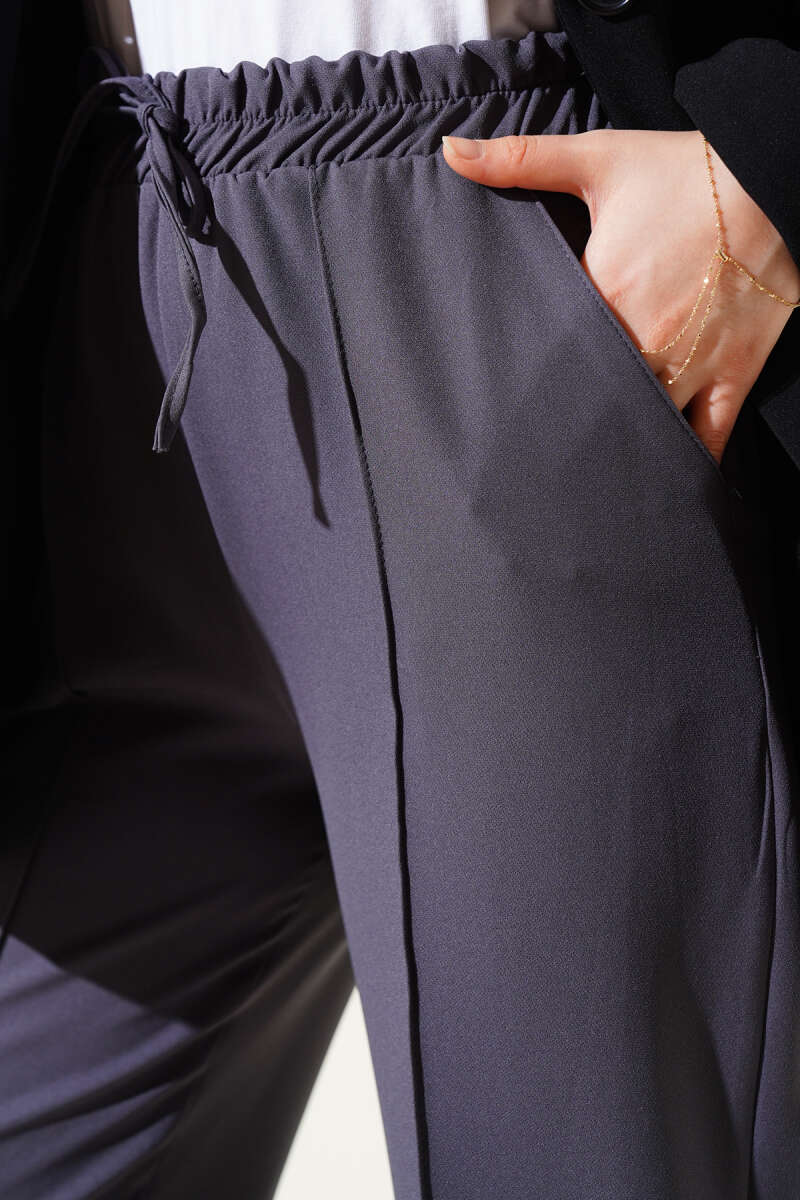 Bel Lastikli Çımalı Bol Paça Pantolon Füme 04857456