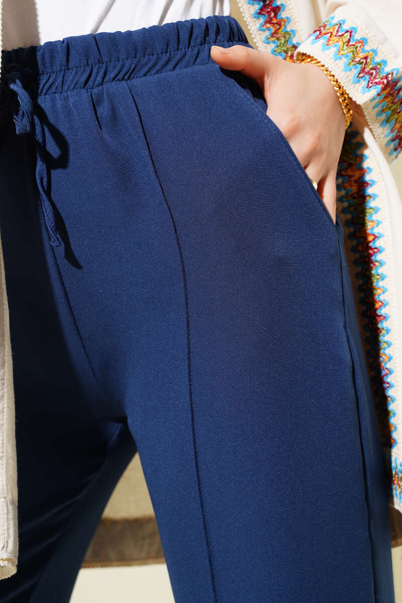 Bel Lastikli Çımalı Bol Paça Pantolon Indıgo 04857456