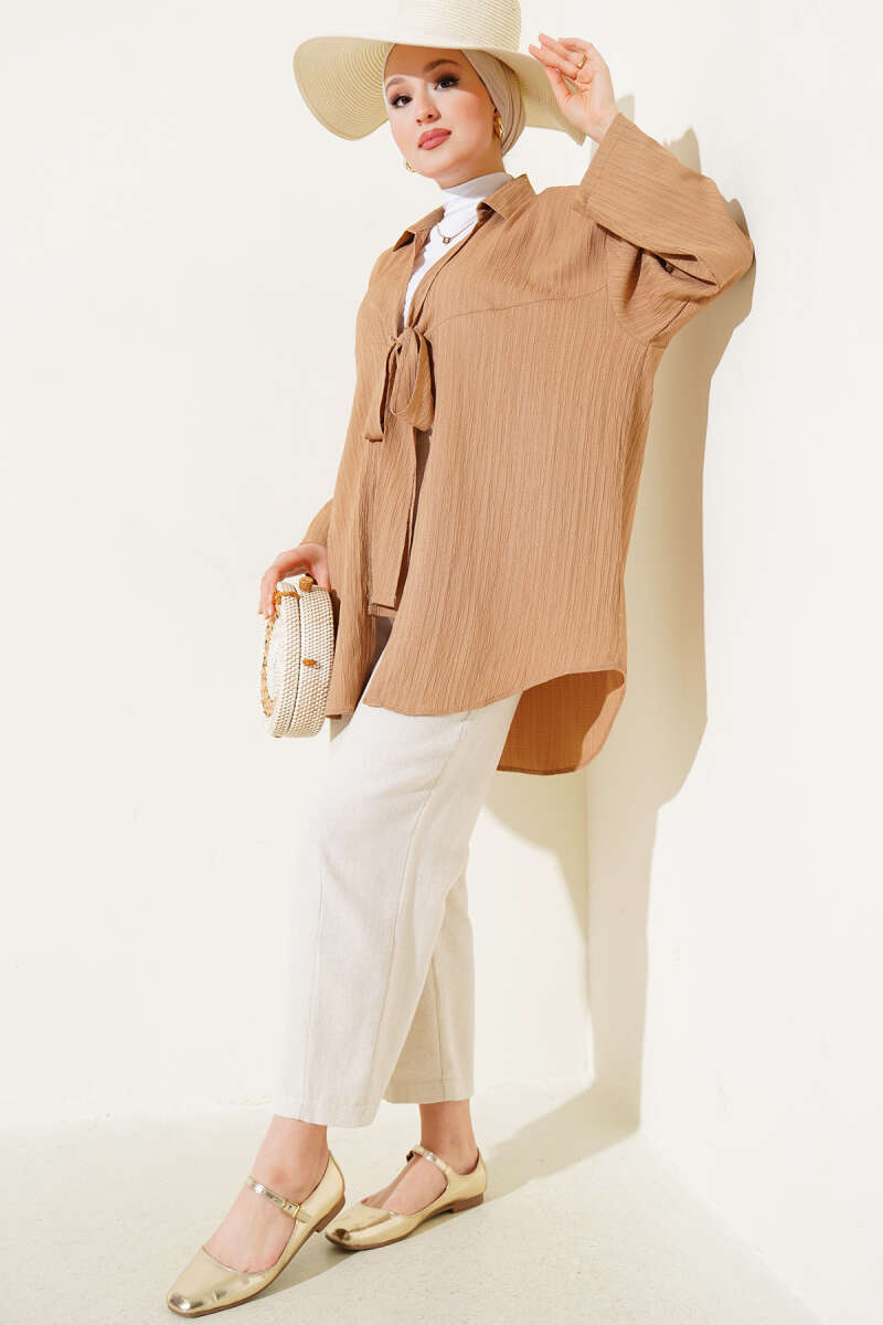 Önü Bağlamalı Krinkıl Kimono Camel 68877187