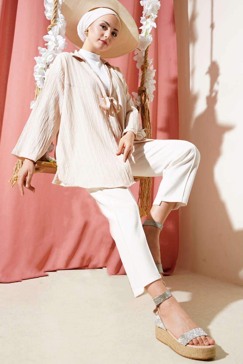 Önü Bağlamalı Krinkıl Kimono Krem 68877187