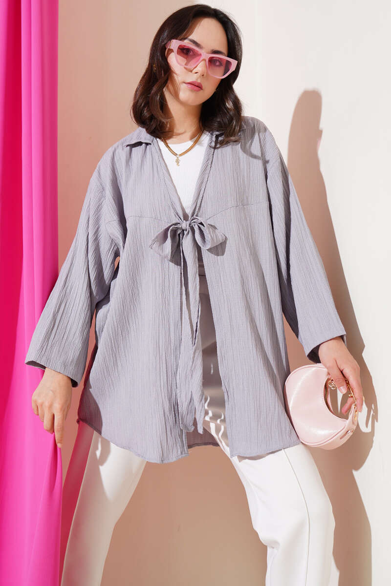 Önü Bağlamalı Krinkıl Kimono Gri 68877187
