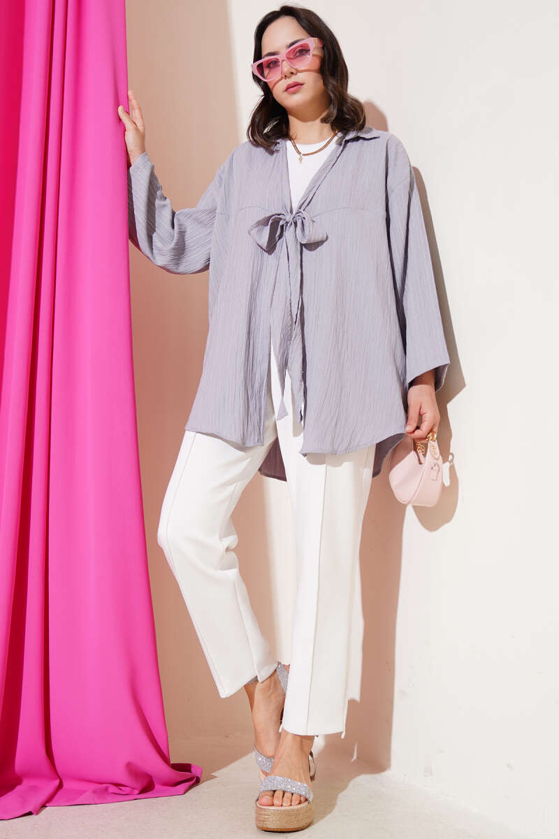 Önü Bağlamalı Krinkıl Kimono Gri 68877187