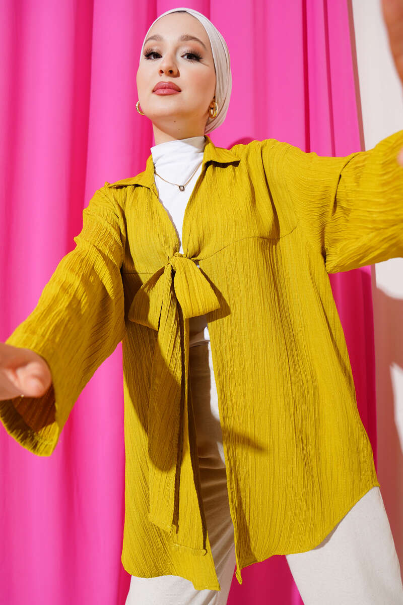 Önü Bağlamalı Krinkıl Kimono Yağ Yeşili 68877187