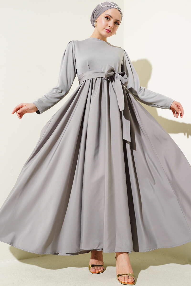 Kuşaklı Garnili Mevlana Elbise Gri 56436326
