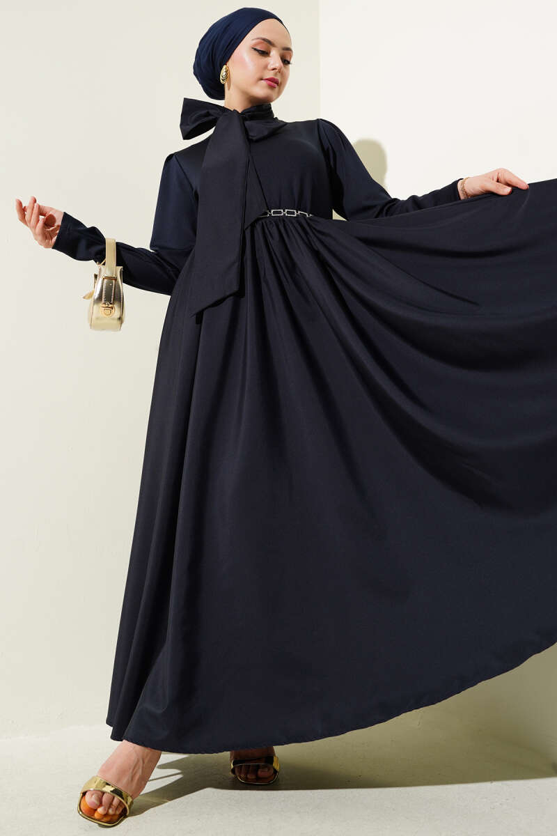Kuşaklı Garnili Mevlana Elbise Lacivert 56436326