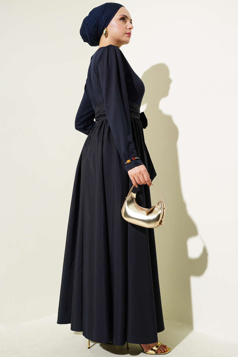 Kuşaklı Garnili Mevlana Elbise Lacivert 56436326