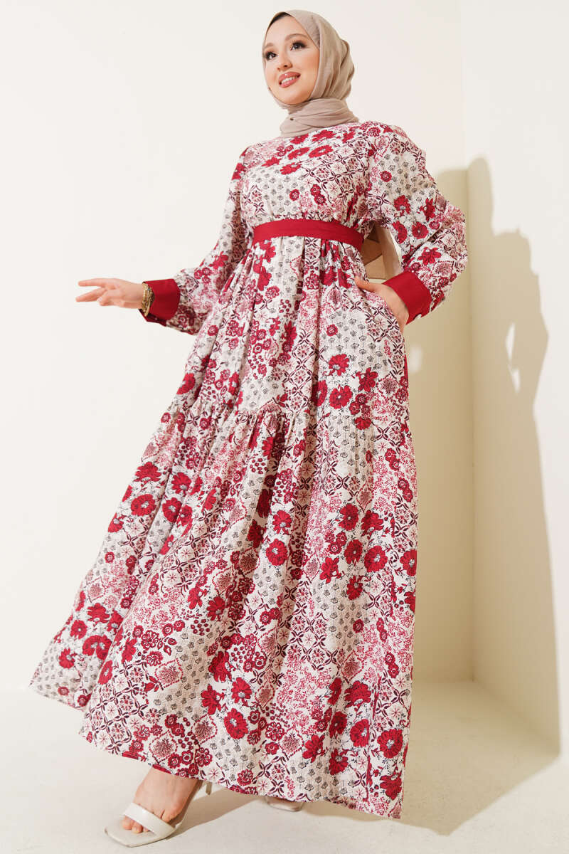 Mini Çiçek Desenli Elbise Bordo 88406699