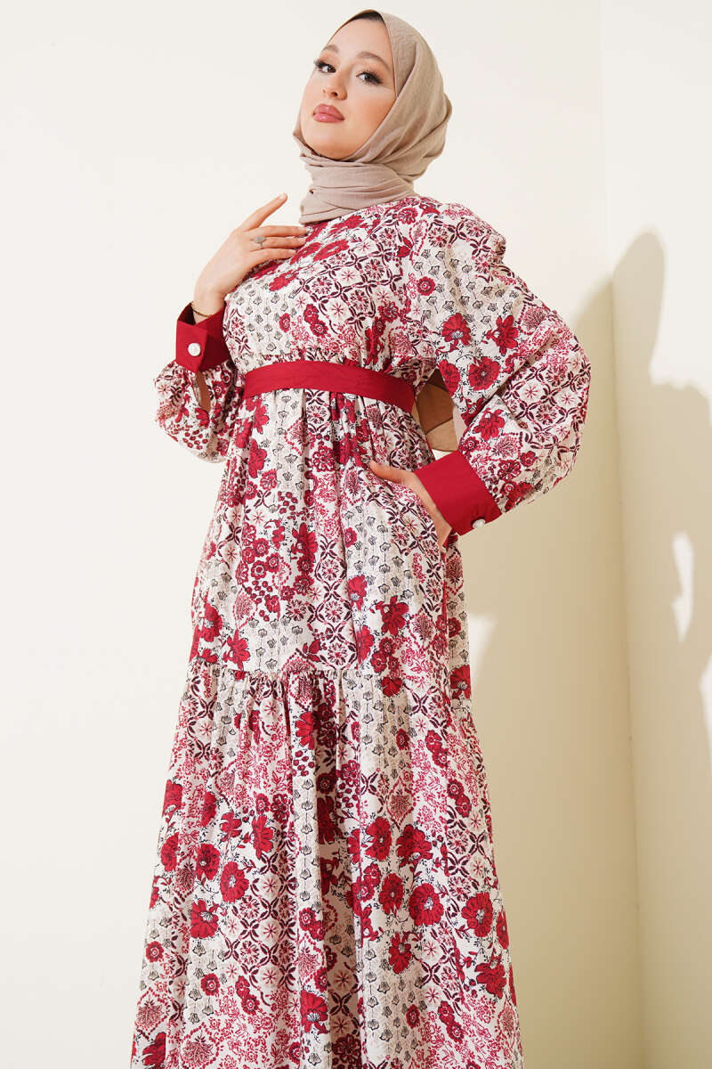 Mini Çiçek Desenli Elbise Bordo 88406699