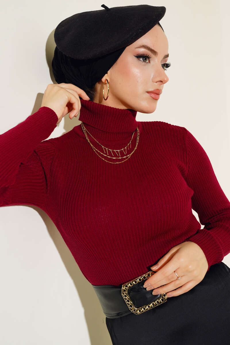 Fitilli Balıkçı Yaka Triko Kazak Bordo 49935728