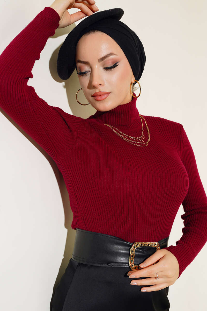 Fitilli Balıkçı Yaka Triko Kazak Bordo 49935728