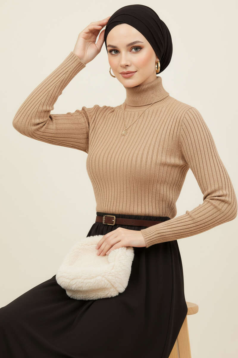 Balıkçı Yaka Fitilli Triko Kazak Latte 36648159