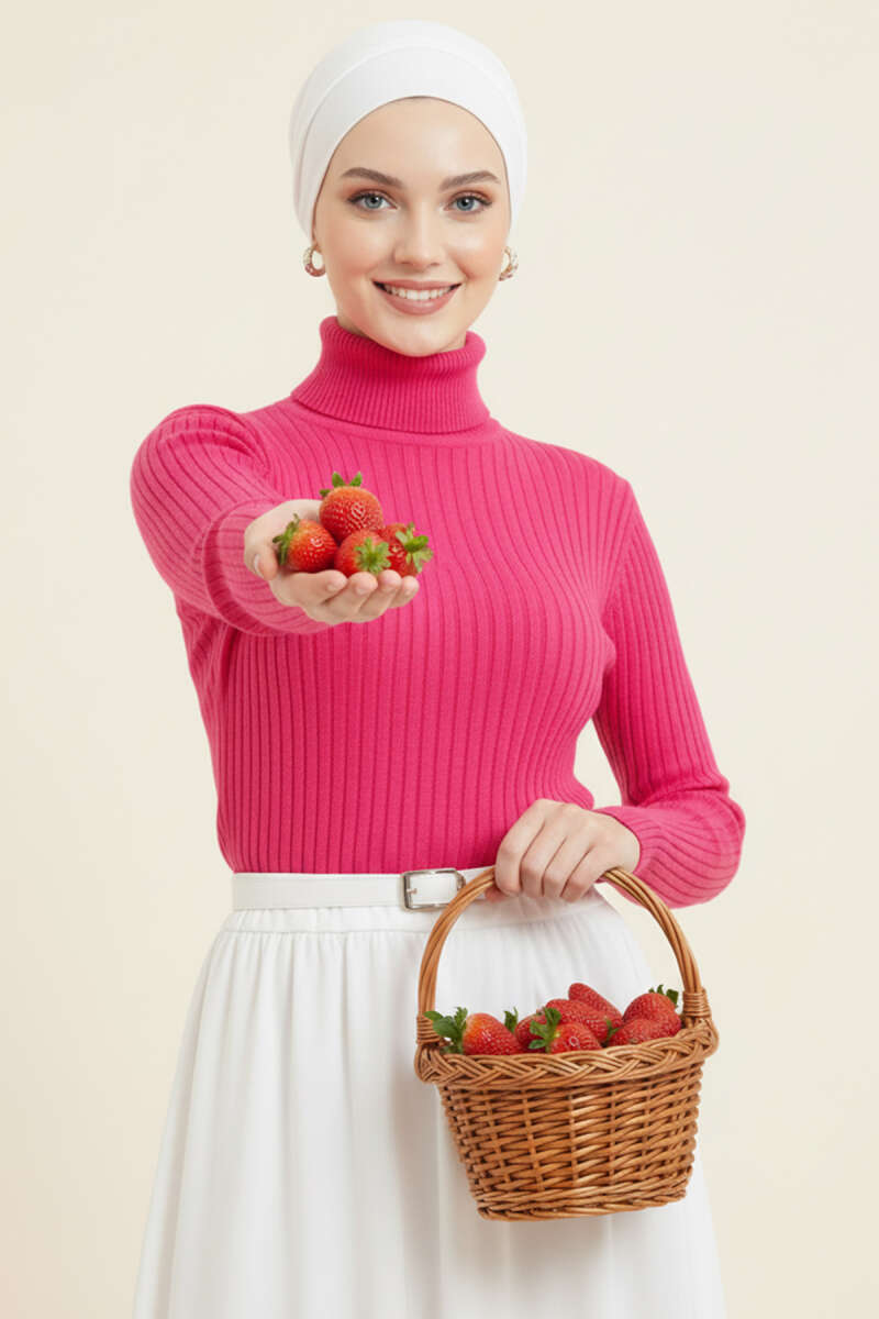 Balıkçı Yaka Fitilli Triko Kazak Pembe 36648159