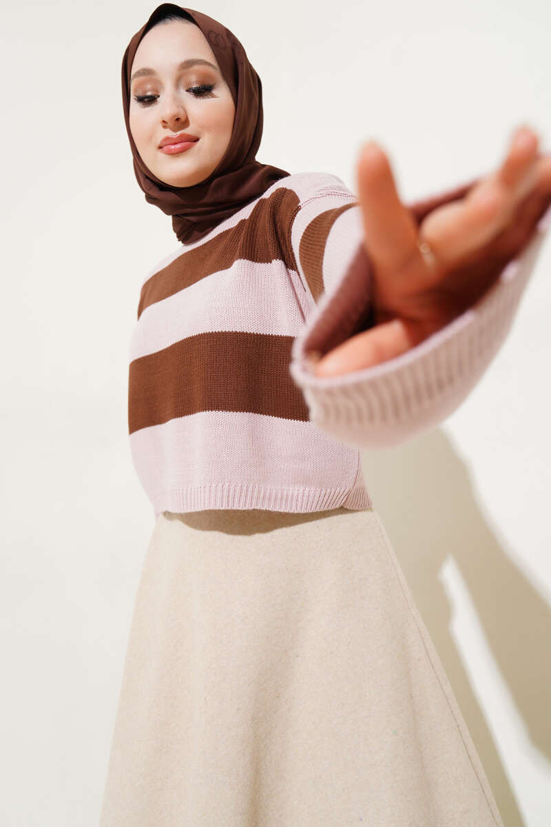 Kalın Çizgili Triko Crop Kazak Pudra 30017781