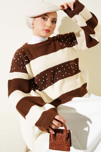 İncili Triko Crop Kazak Kahve Bej 62154495
