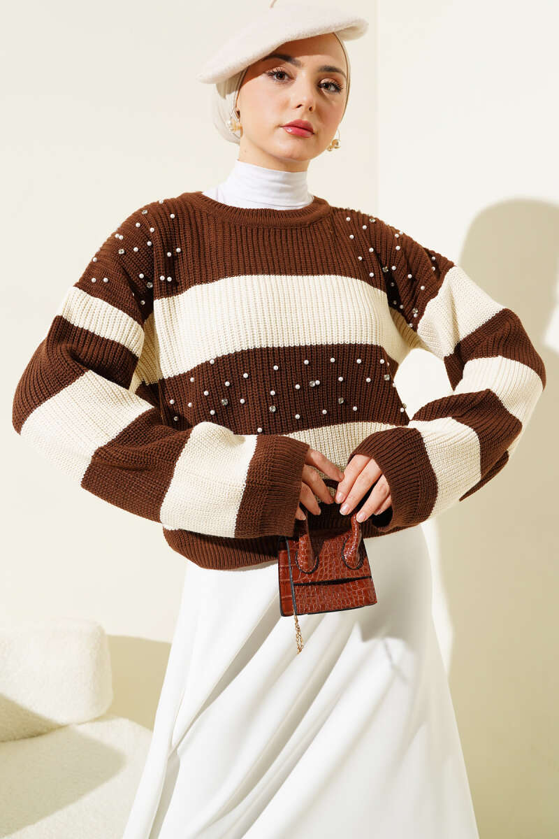 İncili Triko Crop Kazak Kahve Bej 62154495