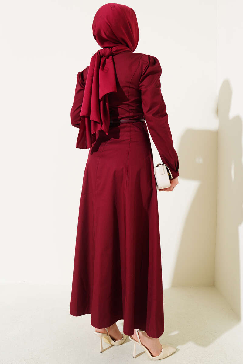 İnce Kemerli Poplin Elbise Bordo 96590629