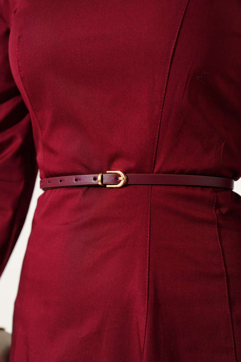 İnce Kemerli Poplin Elbise Bordo 96590629