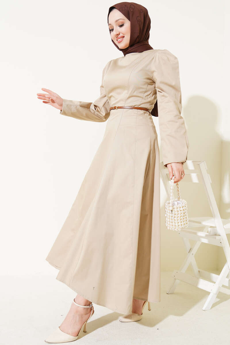 İnce Kemerli Poplin Elbise Vizon 96590629