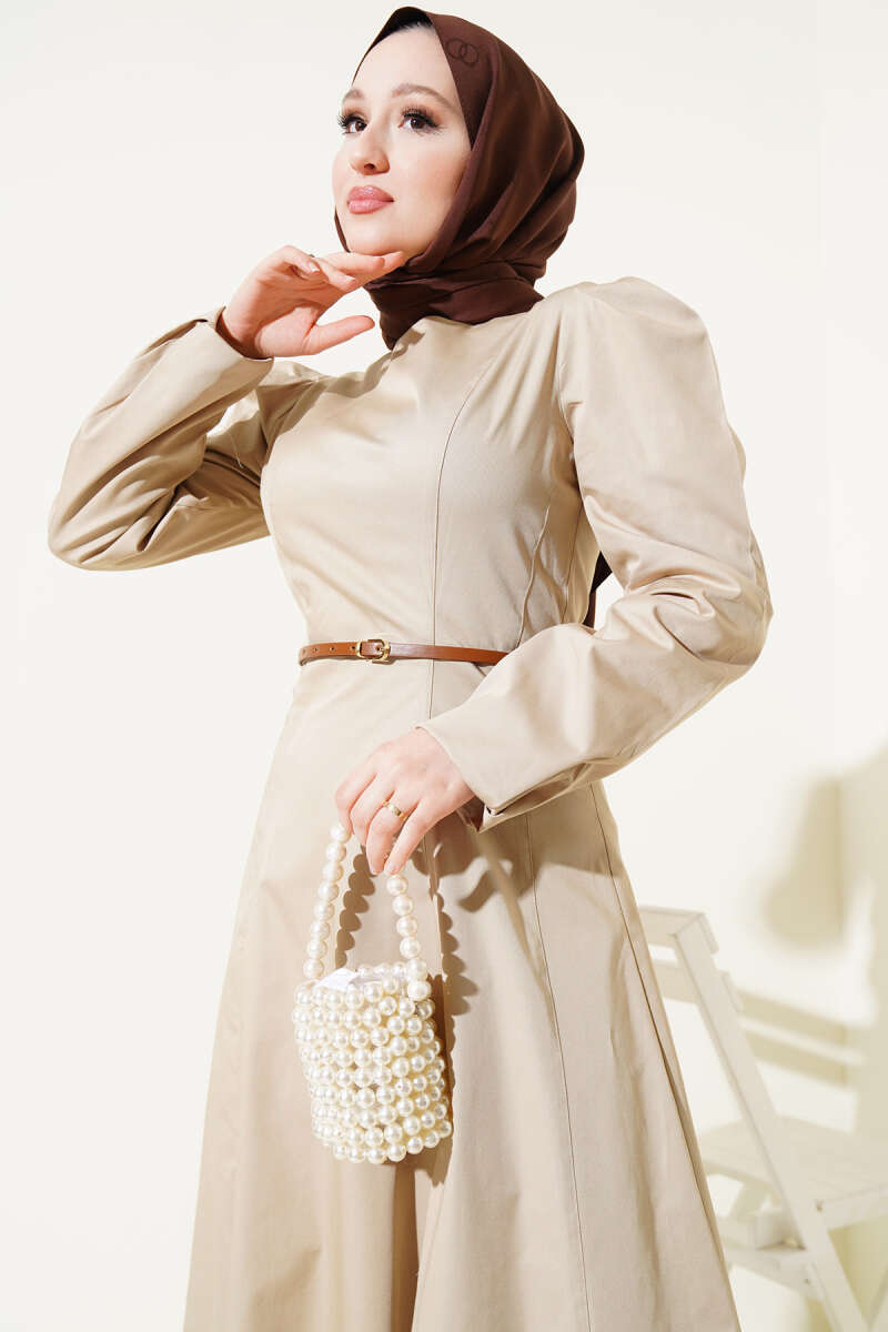 İnce Kemerli Poplin Elbise Vizon 96590629