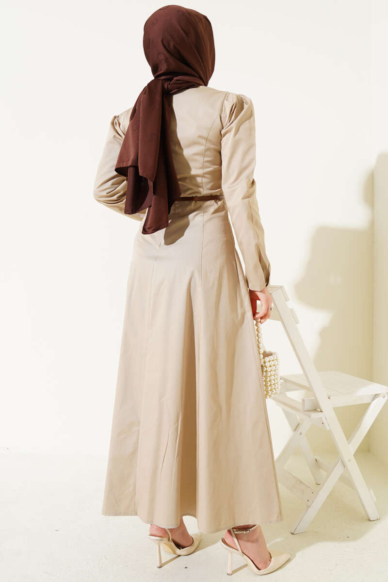 İnce Kemerli Poplin Elbise Vizon 96590629