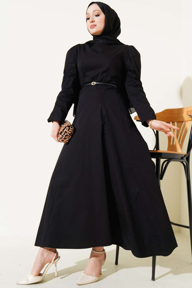 İnce Kemerli Poplin Elbise Siyah 96590629