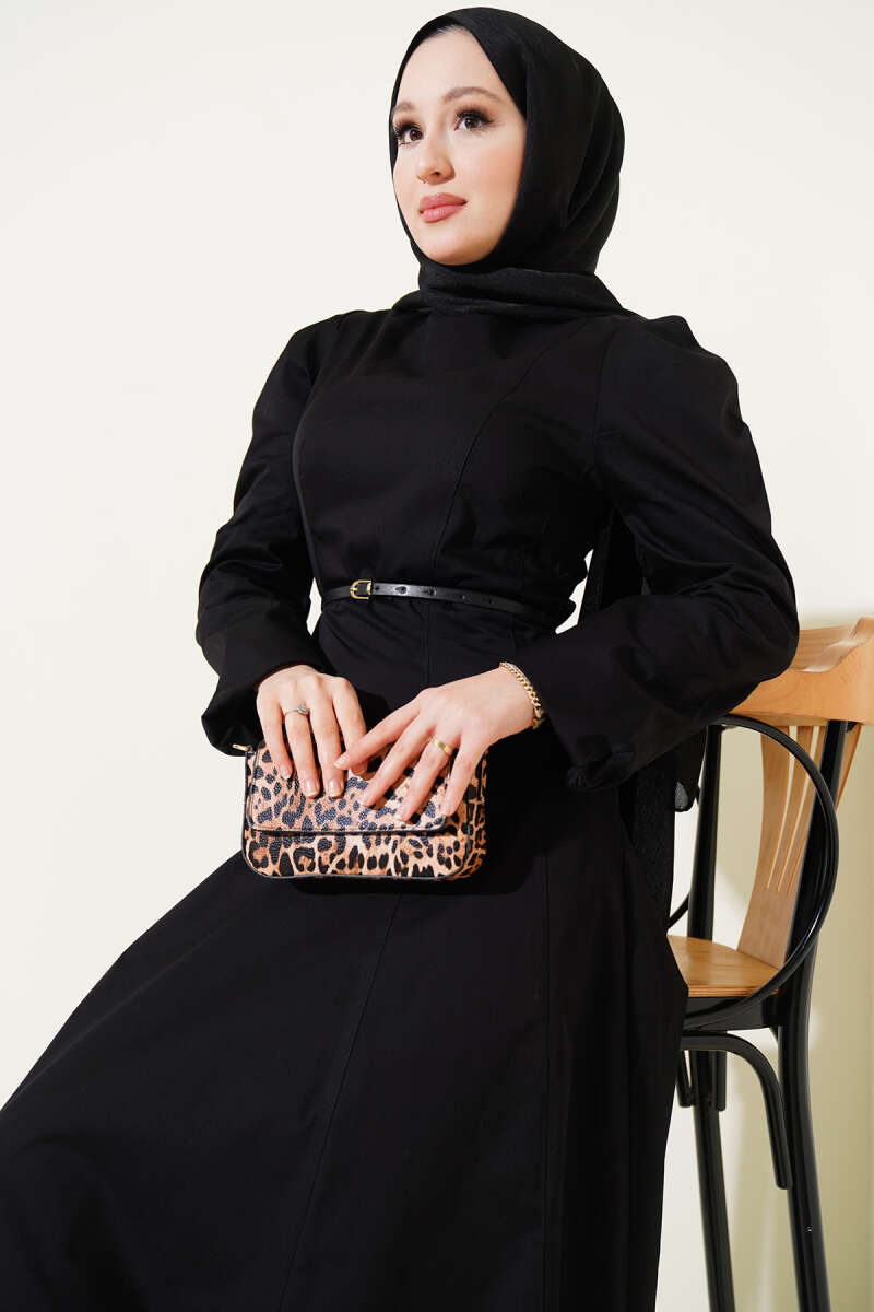İnce Kemerli Poplin Elbise Siyah 96590629