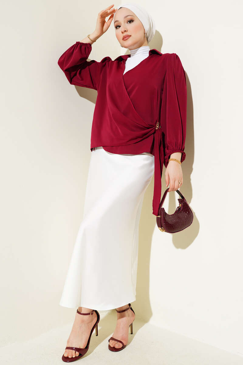 Kruvaze Yaka Zincir Detaylı Bluz Bordo 69655900