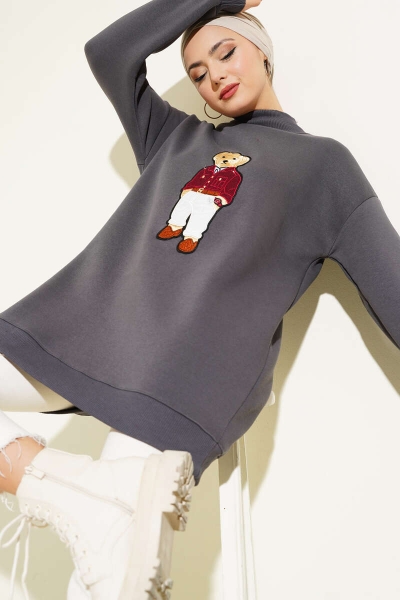 Ayıcıklı Üç İplik Sweatshirt Füme 55631179