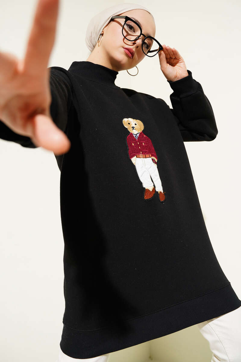 Ayıcıklı Üç İplik Sweatshirt Siyah 55631179