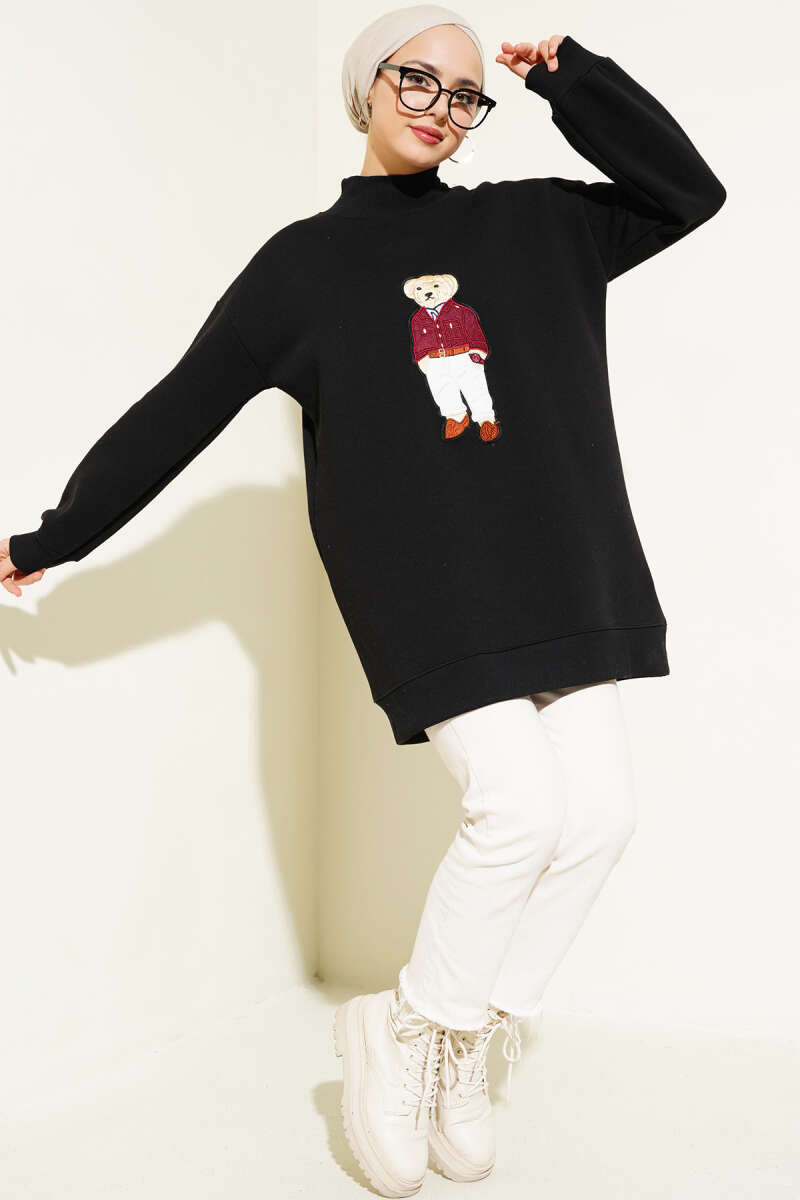 Ayıcıklı Üç İplik Sweatshirt Siyah 55631179