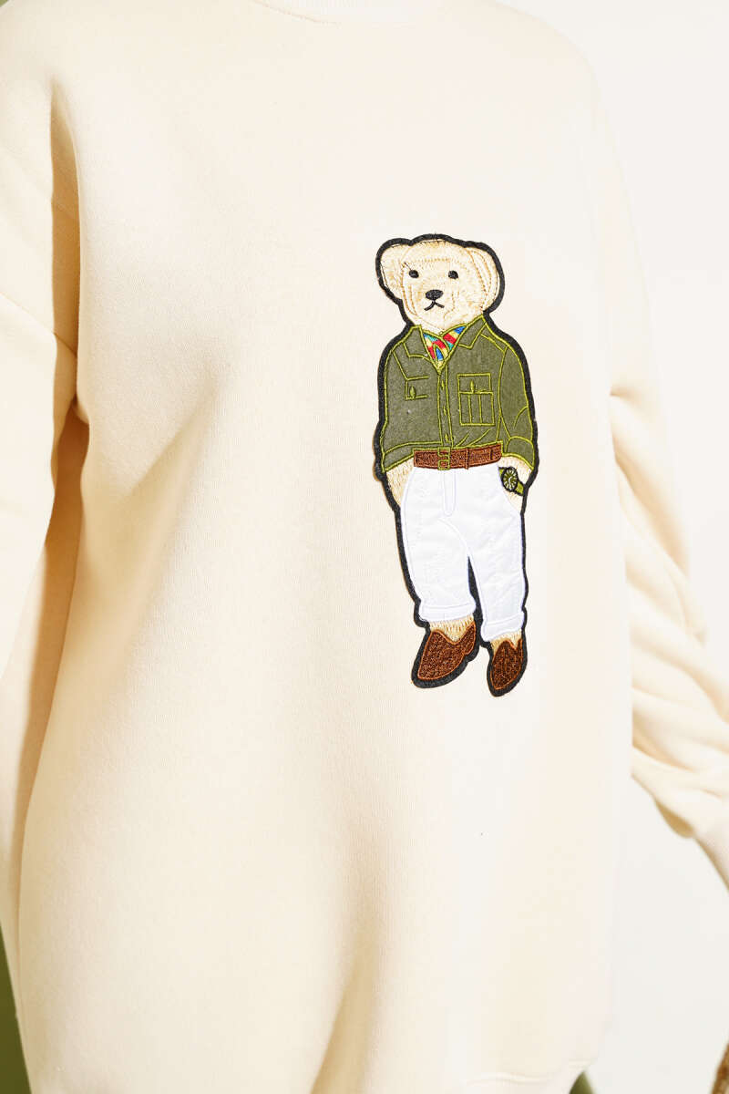 Ayıcıklı Üç İplik Sweatshirt Bej 55631179