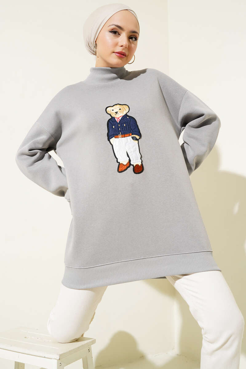 Ayıcıklı Üç İplik Sweatshirt Gri 55631179