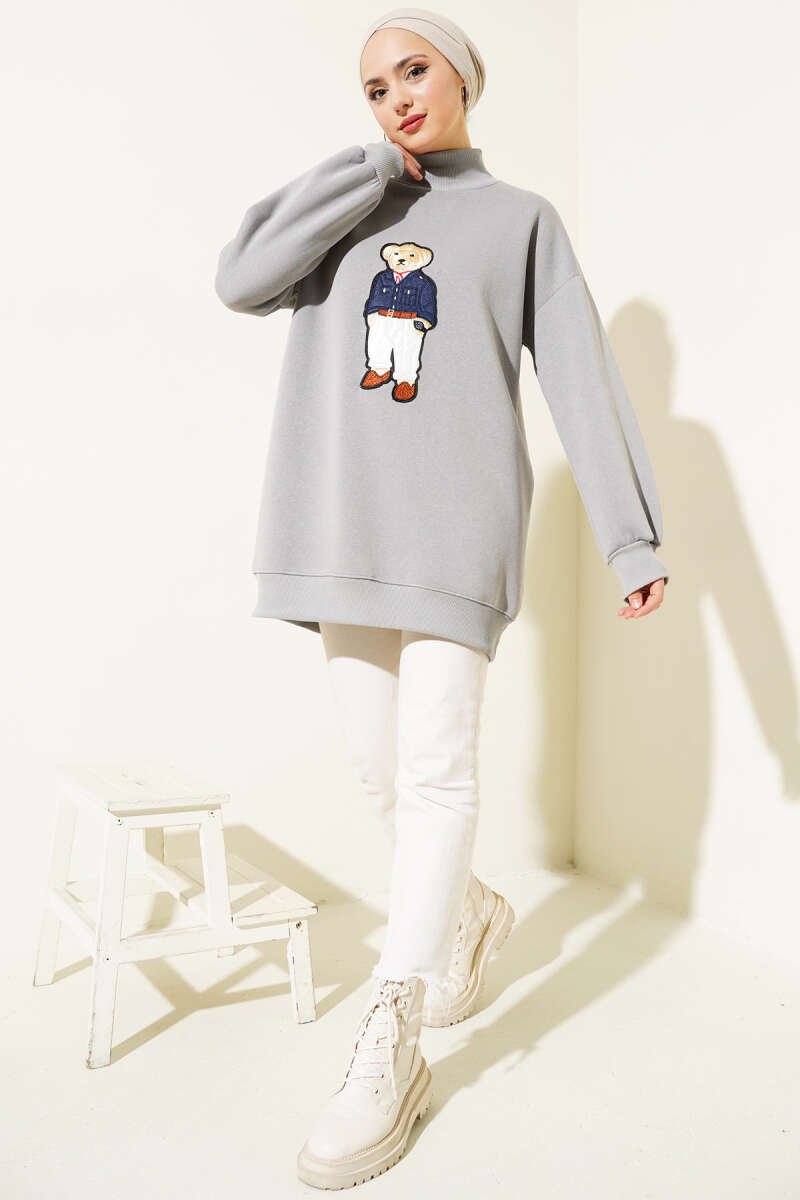 Ayıcıklı Üç İplik Sweatshirt Gri 55631179