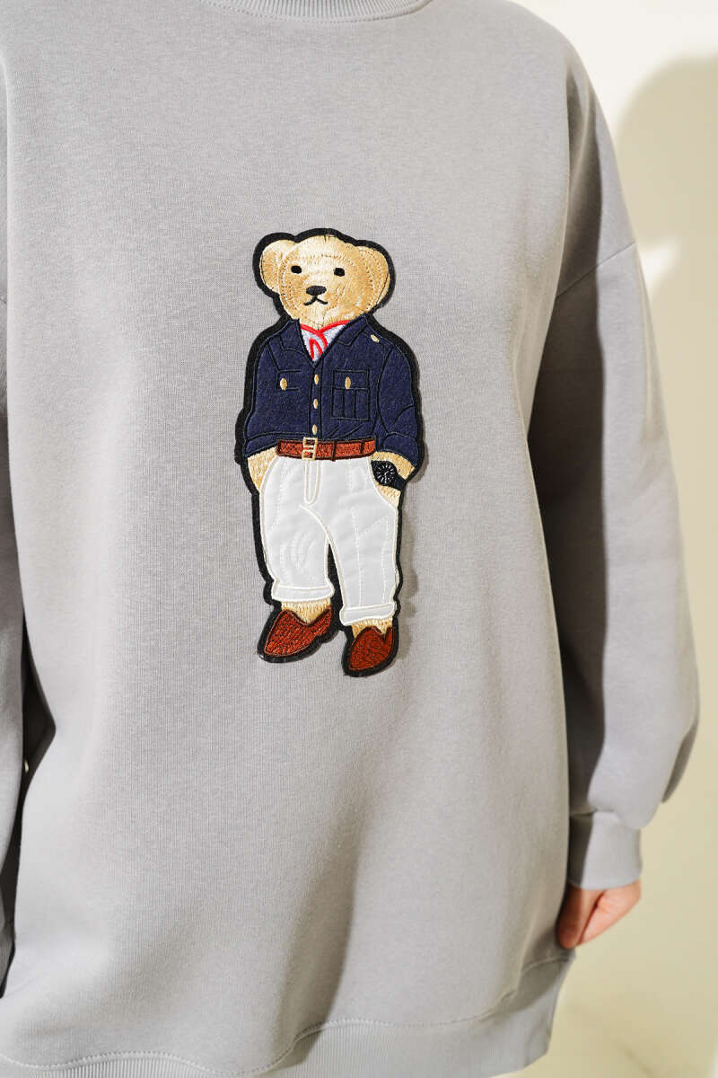 Ayıcıklı Üç İplik Sweatshirt Gri 55631179