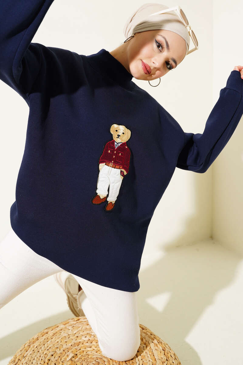 Ayıcıklı Üç İplik Sweatshirt Lacivert 55631179