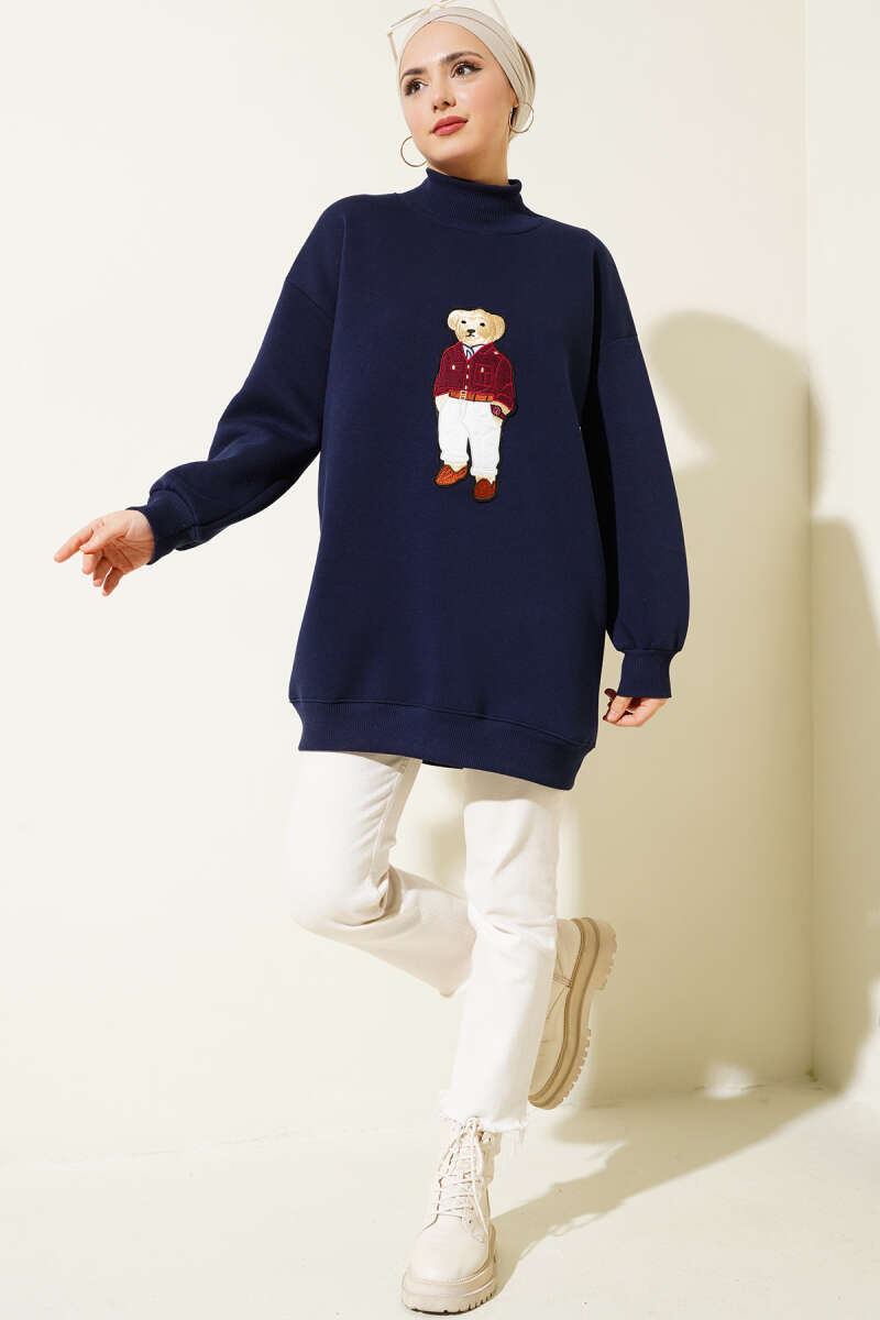 Ayıcıklı Üç İplik Sweatshirt Lacivert 55631179