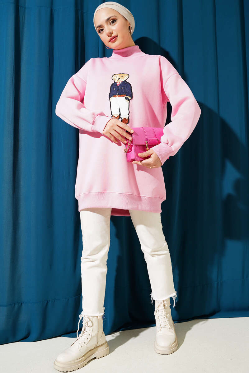 Ayıcıklı Üç İplik Sweatshirt Pembe 55631179