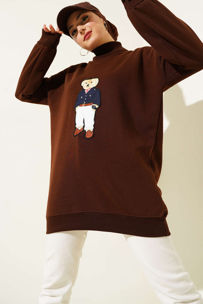 Ayıcıklı Üç İplik Sweatshirt Kahve 55631179