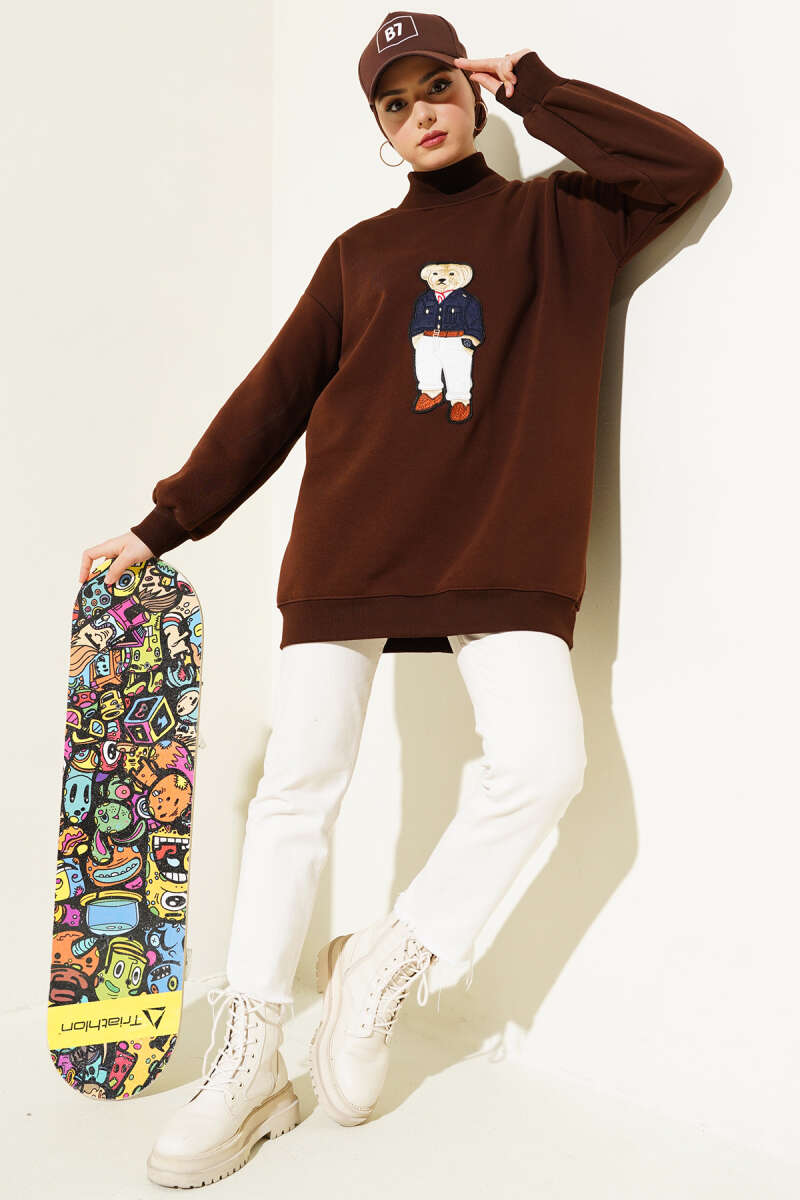 Ayıcıklı Üç İplik Sweatshirt Kahve 55631179