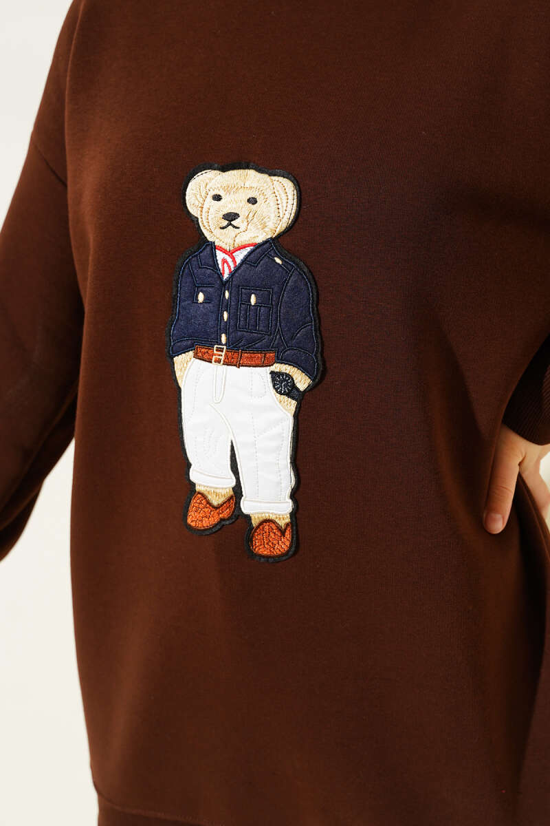 Ayıcıklı Üç İplik Sweatshirt Kahve 55631179