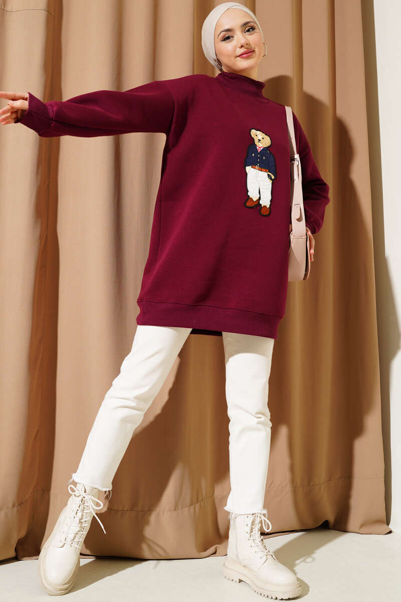 Ayıcıklı Üç İplik Sweatshirt Bordo 55631179